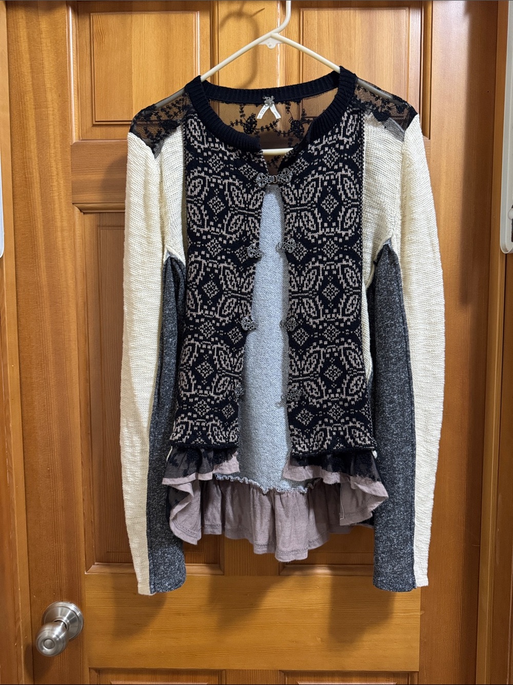 BKE Mixed-Media Lace-Trim Cardigan in Black, Cream, Gray